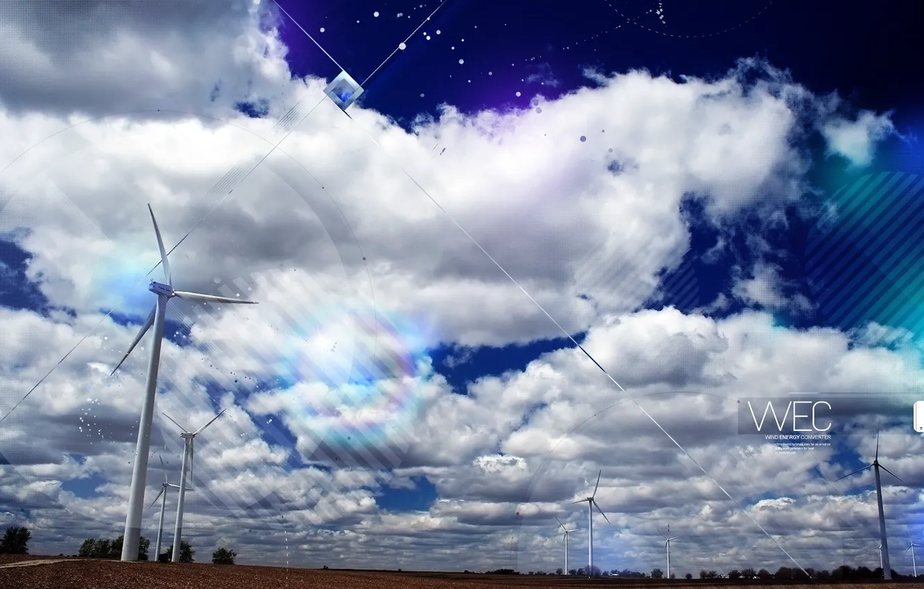 Photo wallpaper the sky, clouds, treatment, windmills
