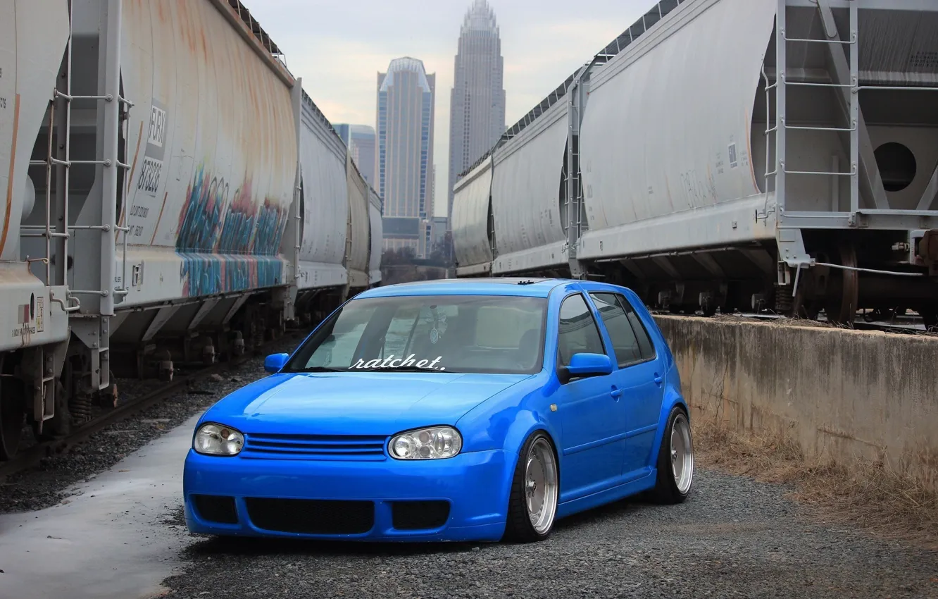 Photo wallpaper volkswagen, golf, blue, tuning, train, germany, low, stance