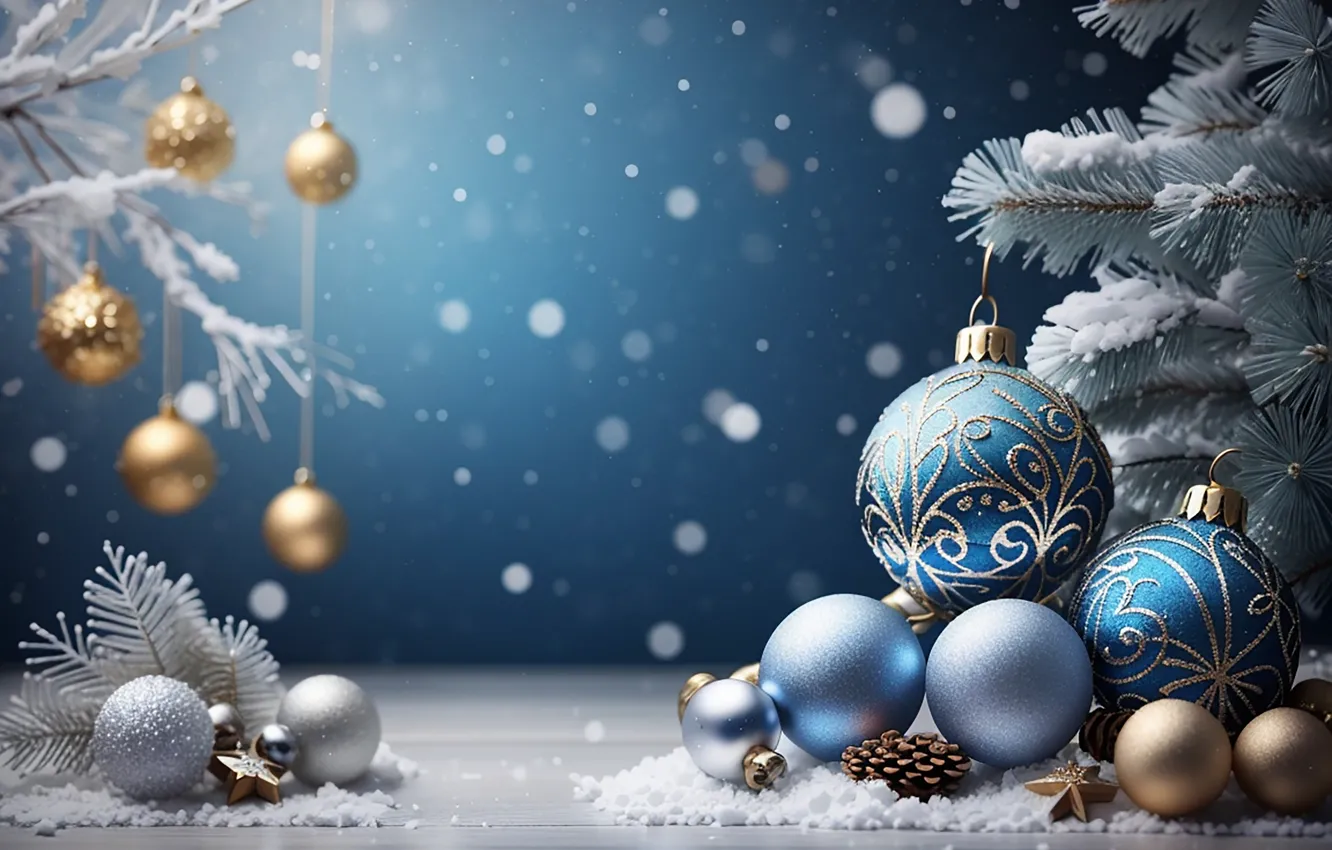 Photo wallpaper winter, snow, decoration, balls, tree, New Year, Christmas, golden