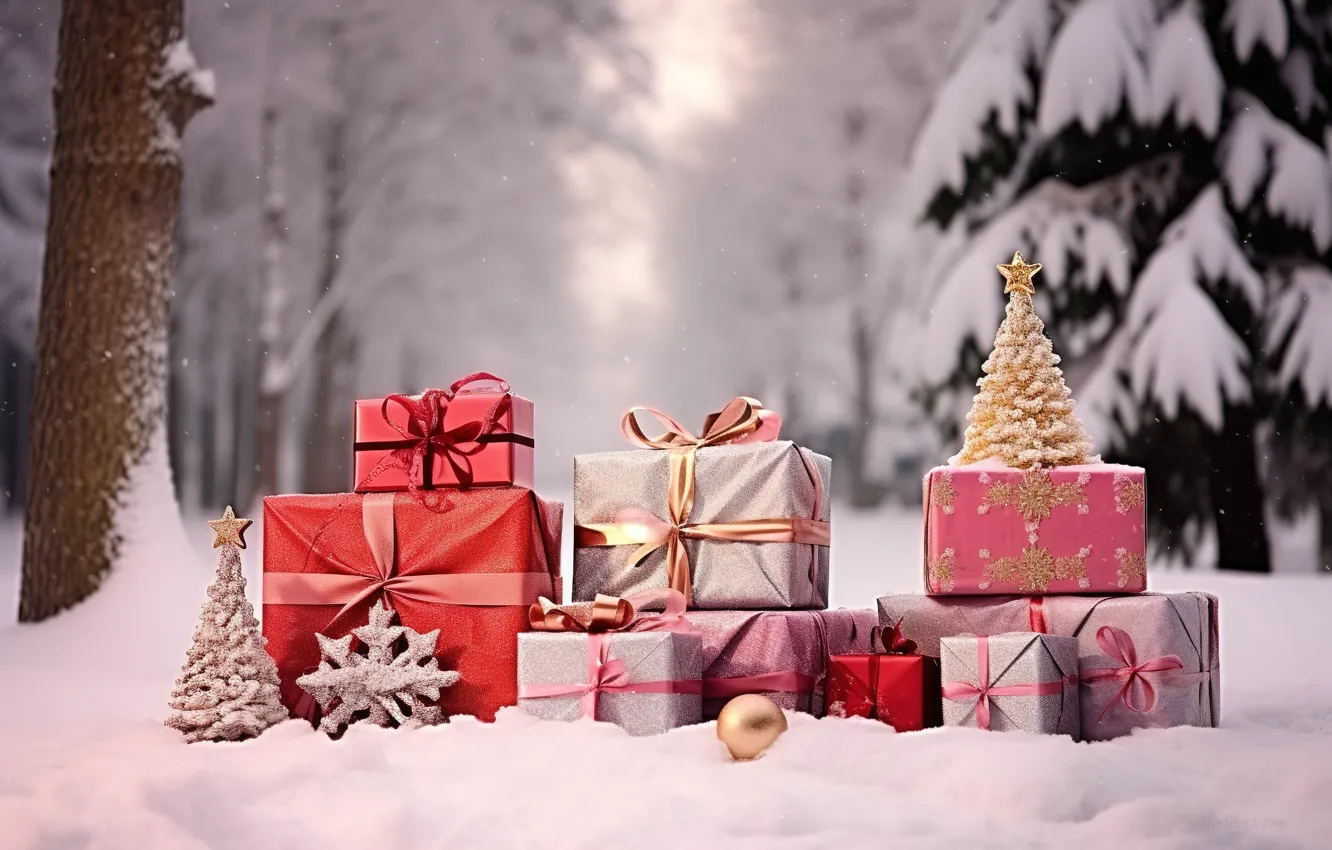 Photo wallpaper winter, snow, decoration, gift, balls, tree, new year, Christmas