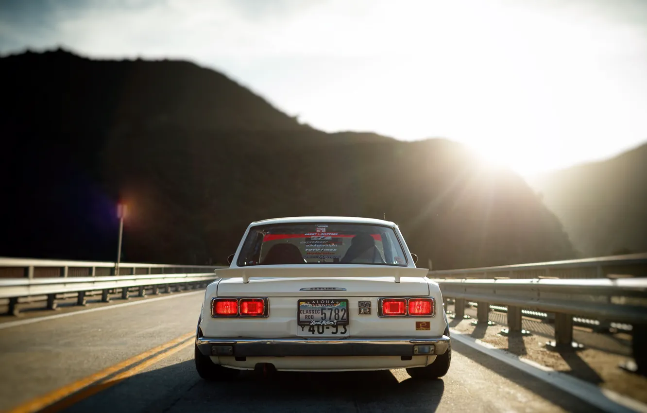 Photo wallpaper The sun, Auto, Mountains, White, Machine, Light, Nissan, Nissan