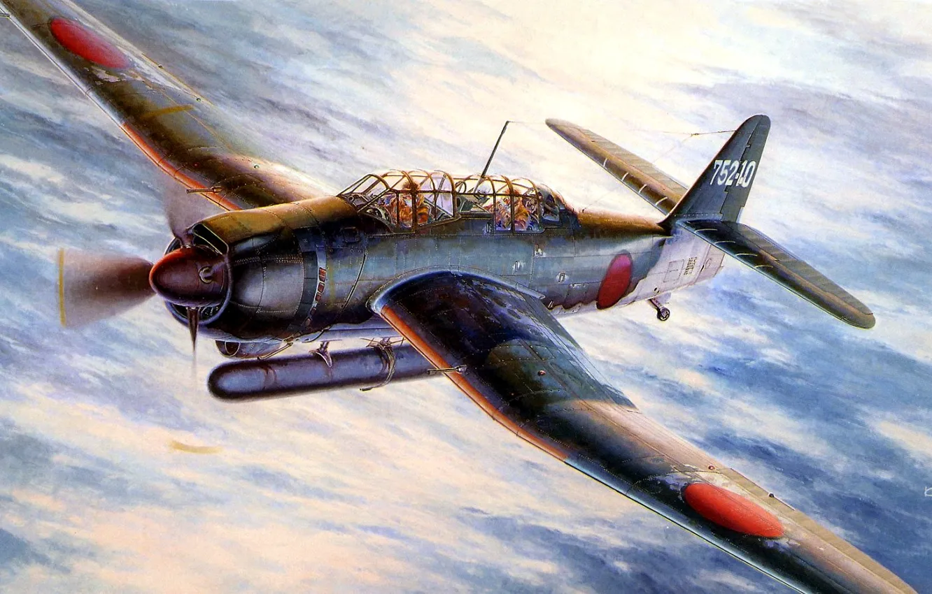 Photo wallpaper the sky, figure, art, Japanese, deck, WW2, bomber-torpedo, Aichi B7А Rusei