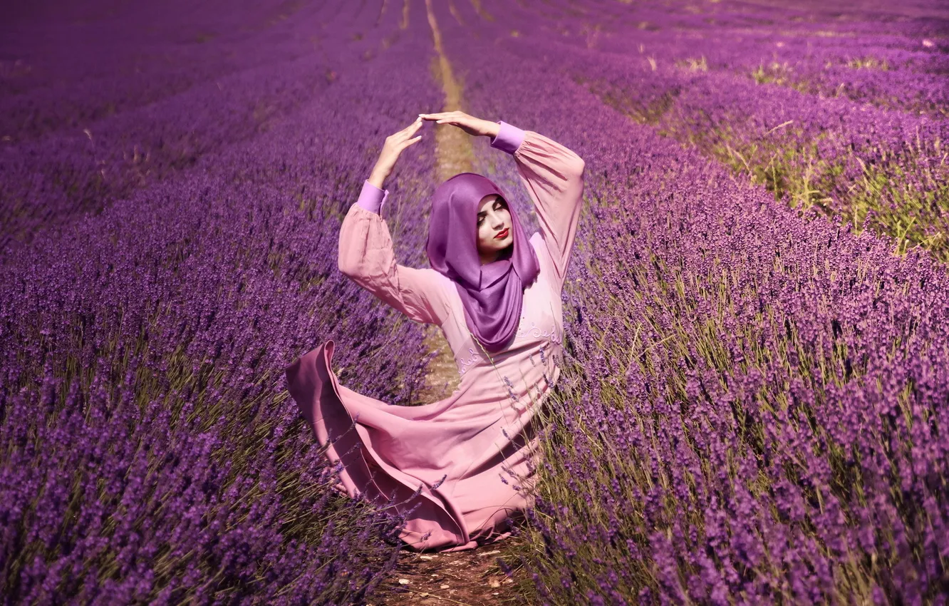 Photo wallpaper girl, flowers, lavender