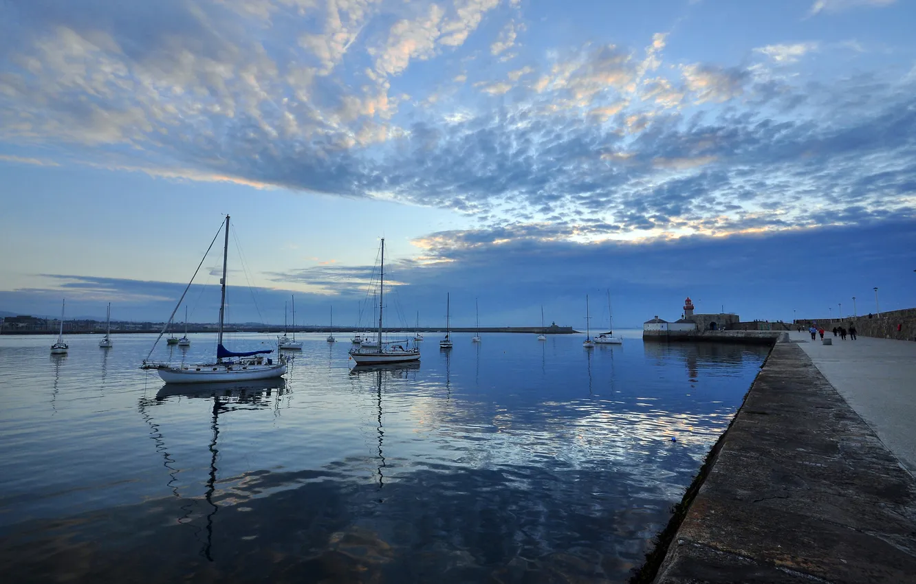 Photo wallpaper the sky, clouds, people, boat, Bay, the evening, yacht, promenade