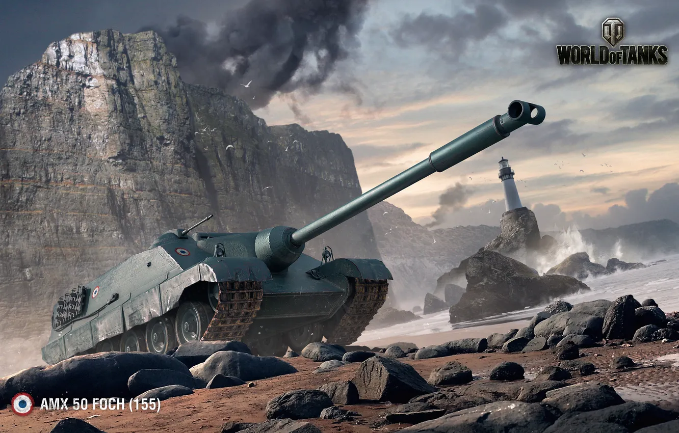 Photo wallpaper sea, stones, rocks, coast, lighthouse, seagulls, surf, World of Tanks