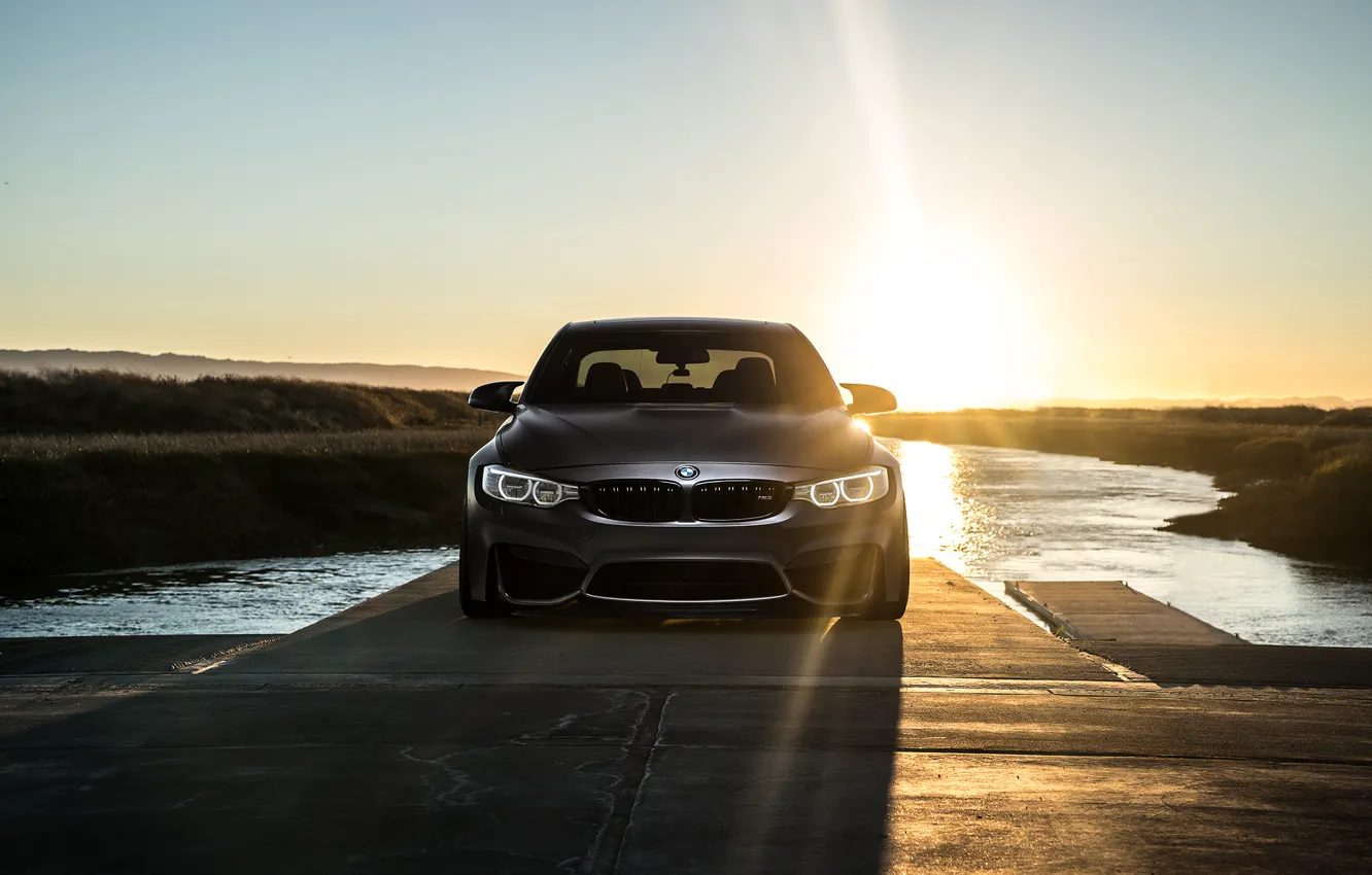 Photo wallpaper BMW, Sky, Carbon, Front, Black, Sun, Water, Matte