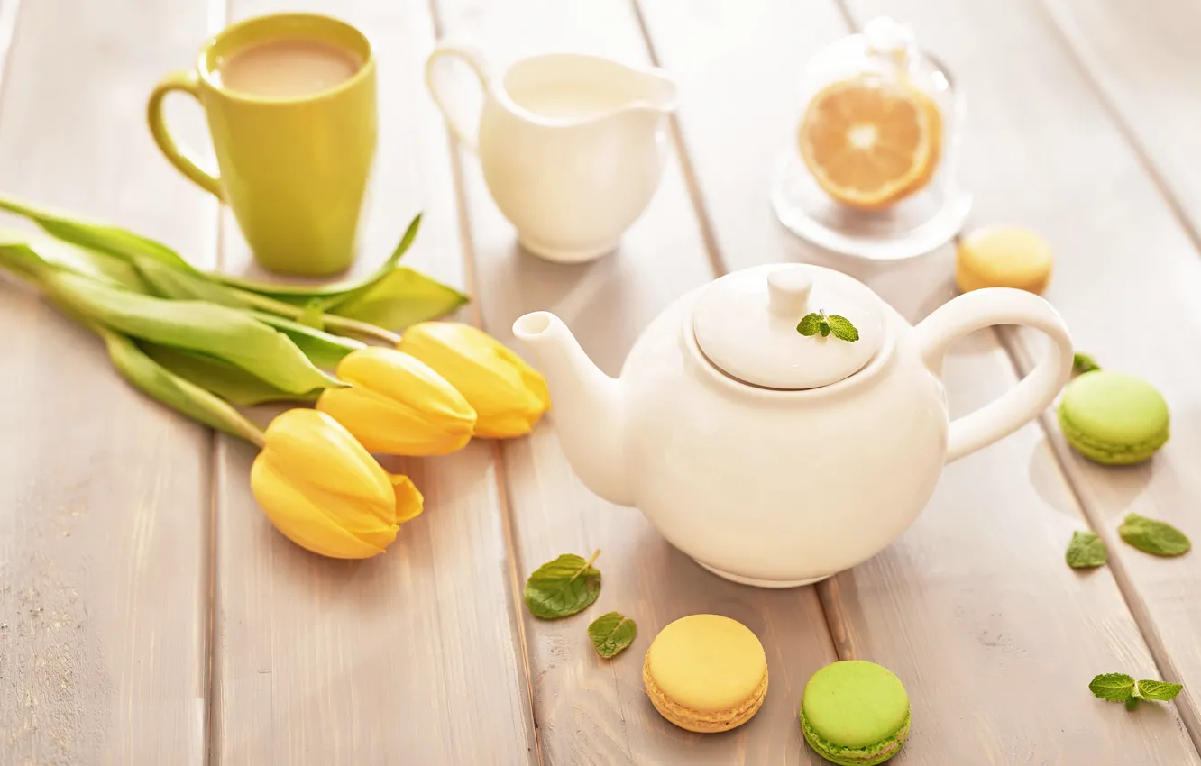 Photo wallpaper table, lemon, bouquet, cookies, Cup, tulips, tea fragrant, Yarovoy Aleksandr
