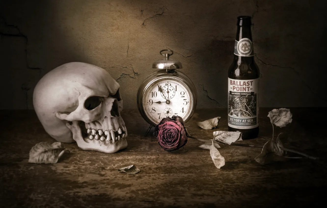Photo wallpaper watch, rose, skull, bottle