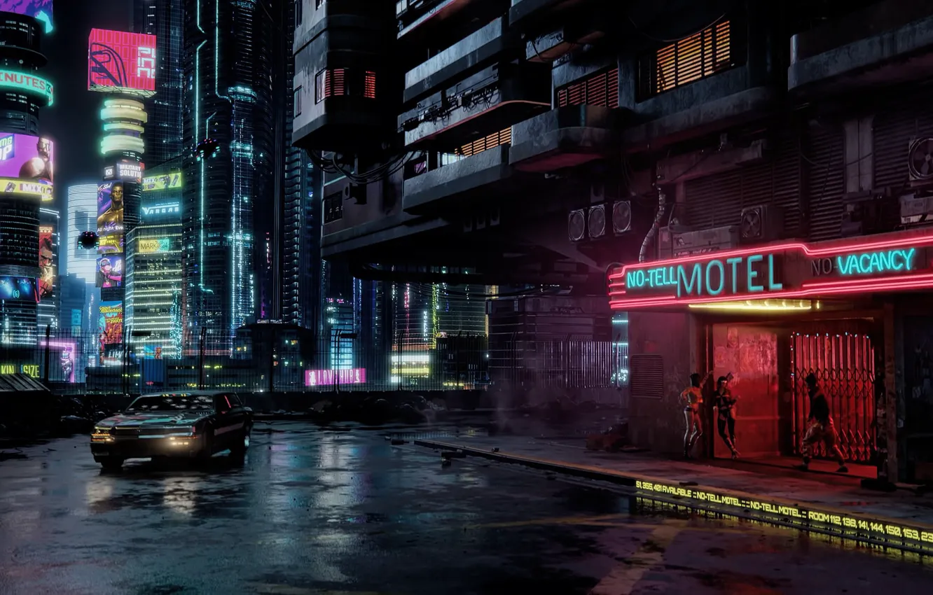 Photo wallpaper machine, night, the city, lights, Cyberpunk 2077, Cyberpunk, Cyberpunk 2077