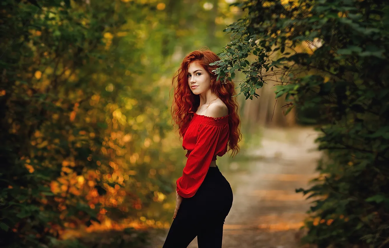 Photo wallpaper girl, forest, road, blouse, trees, nature, model, redhead
