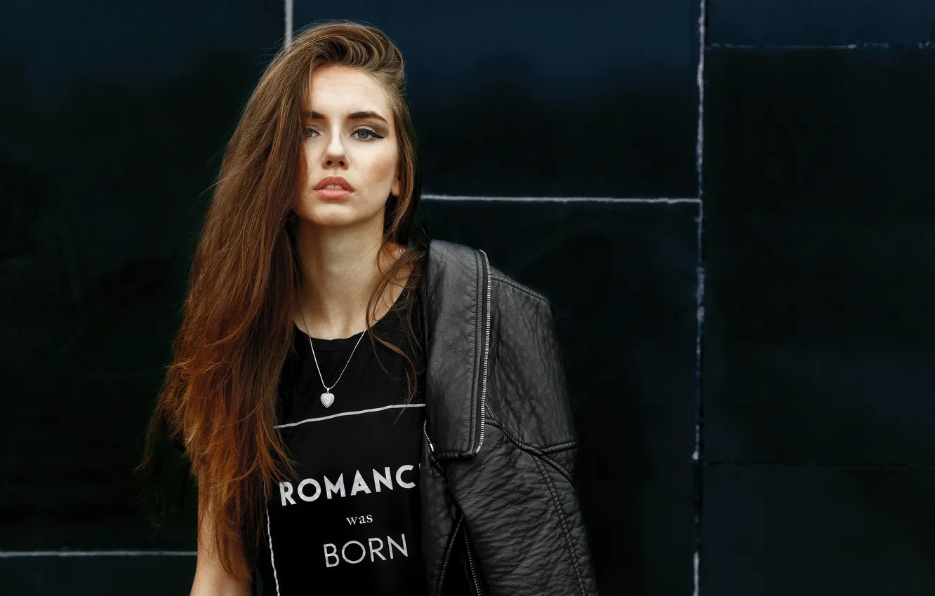 Photo wallpaper look, girl, photo, black, hair, makeup, jacket, brown hair