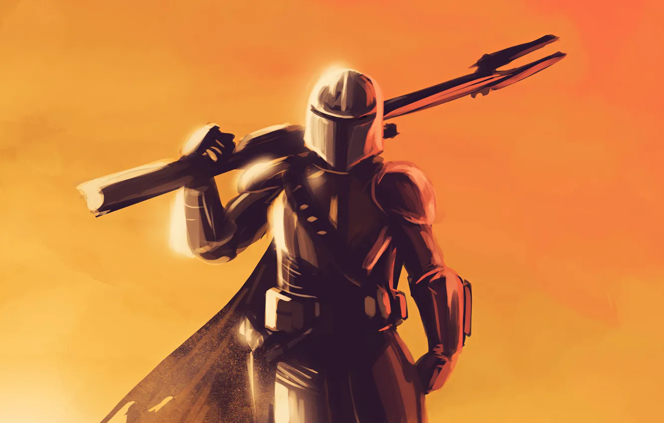 Photo wallpaper weapons, fiction, armor, yellow background, fan art, mandalorian, Mandalore, the lone gunman