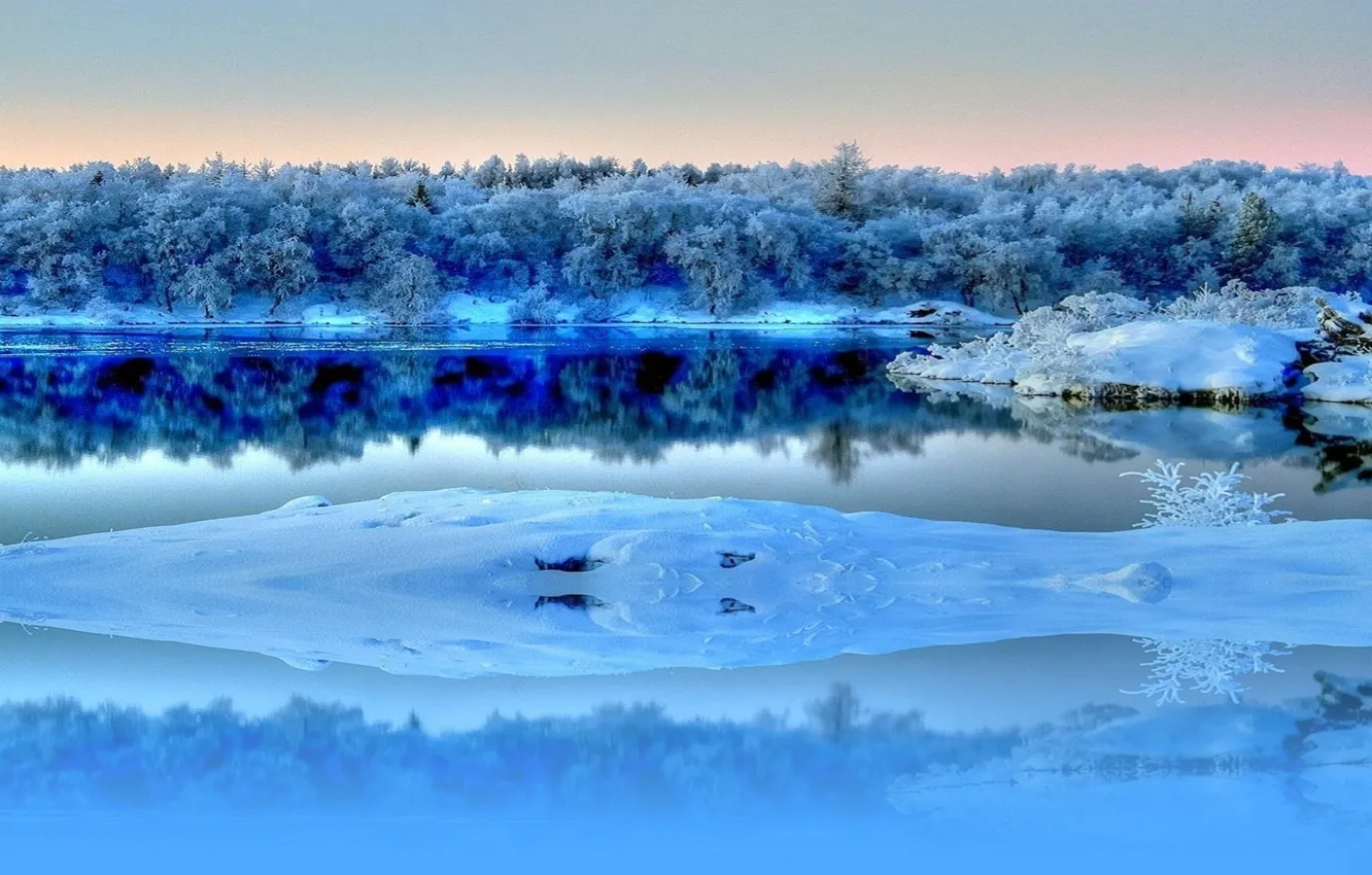 Photo wallpaper winter, frost, forest, the sky, snow, trees, reflection, river