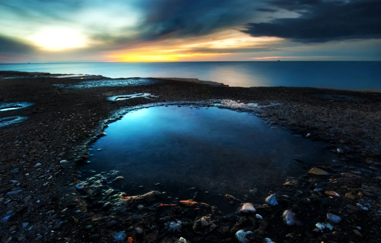 Photo wallpaper sea, the sky, landscape, sunset, nature, stones, the evening, the sun