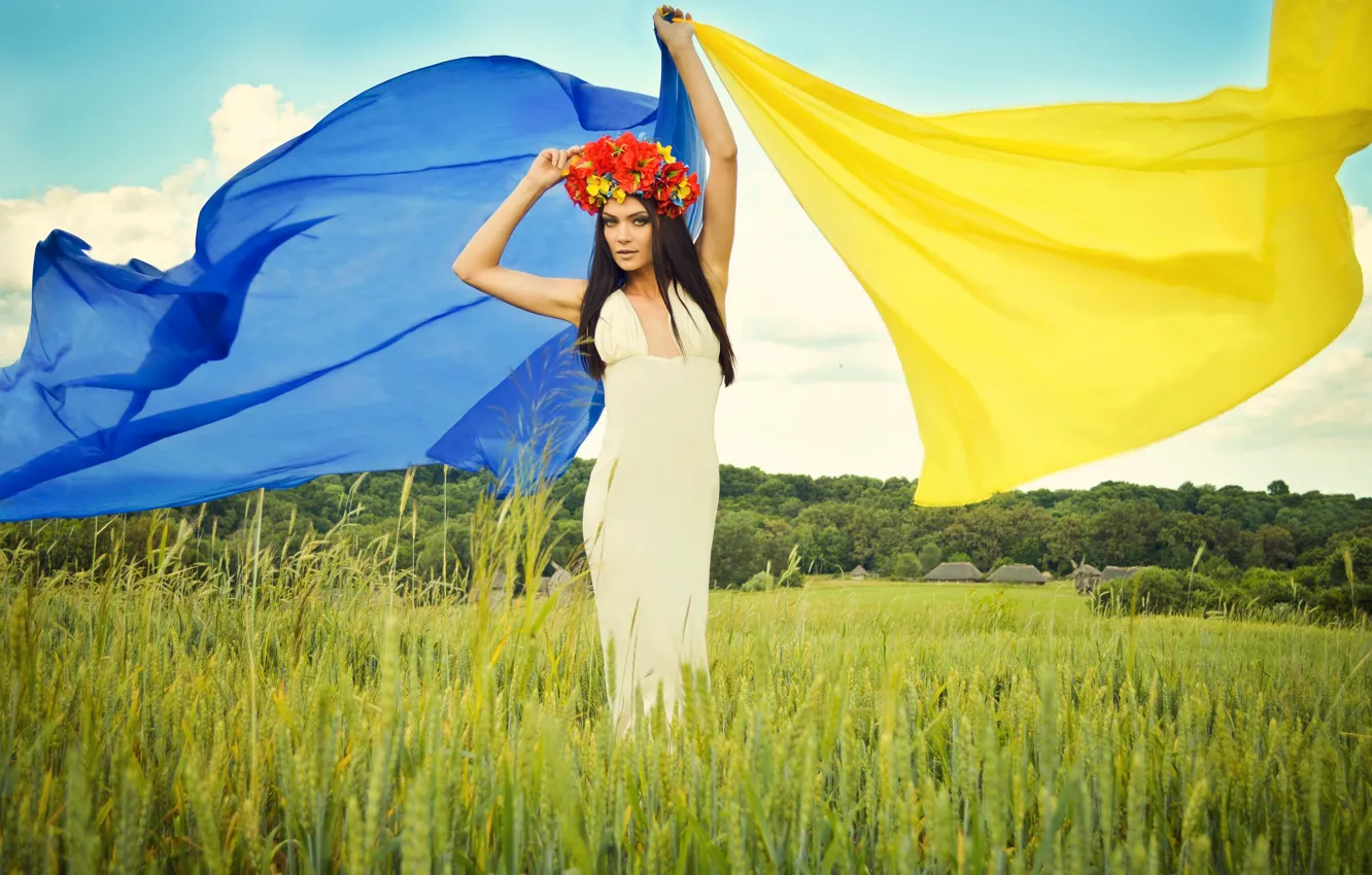 Photo wallpaper field, the sky, grass, blue, yellow, dress, flag, brown hair