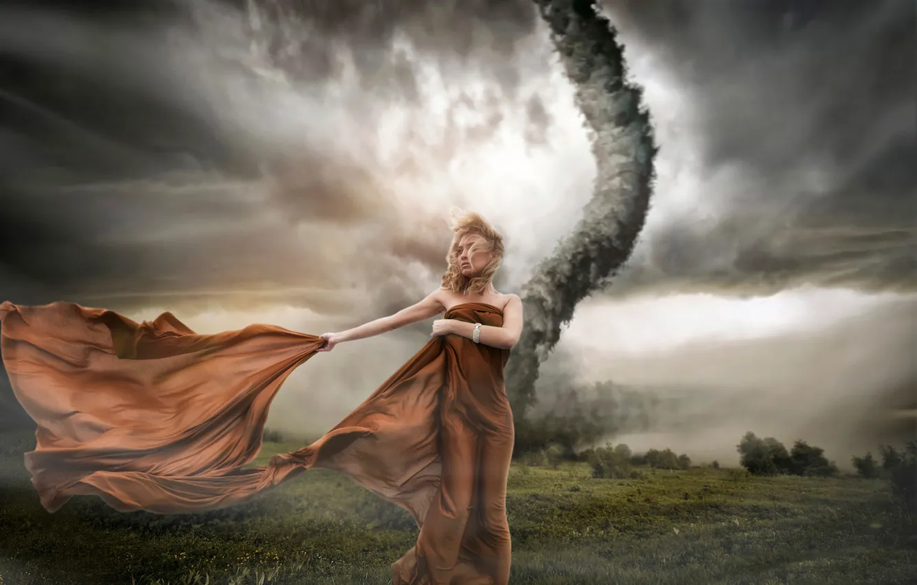Photo wallpaper girl, the wind, tornado, hurricane, tornado, bad weather