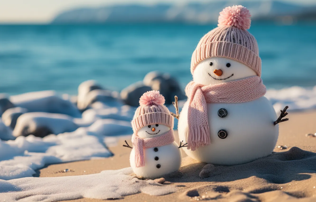 Photo wallpaper sand, sea, beach, snow, snowman, Christmas, beach, sea