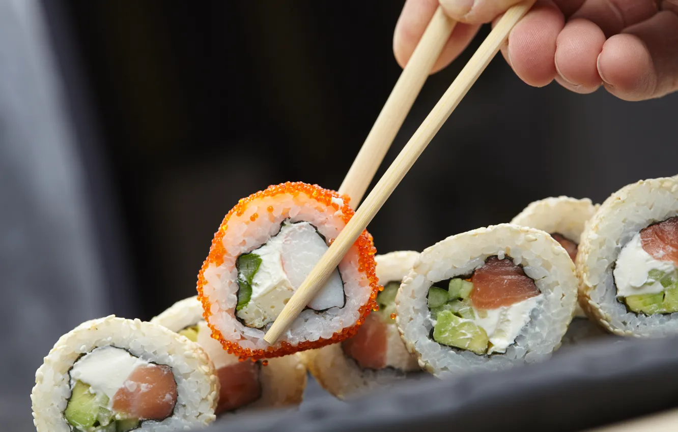 Photo wallpaper food, sushi, rice, chopsticks