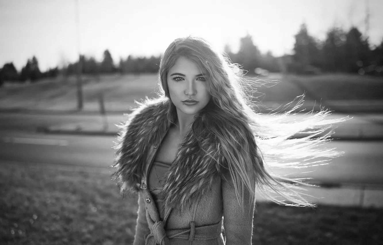 Photo wallpaper portrait, look, black and white, coat, George Dutch, blonde, model, hairstyle