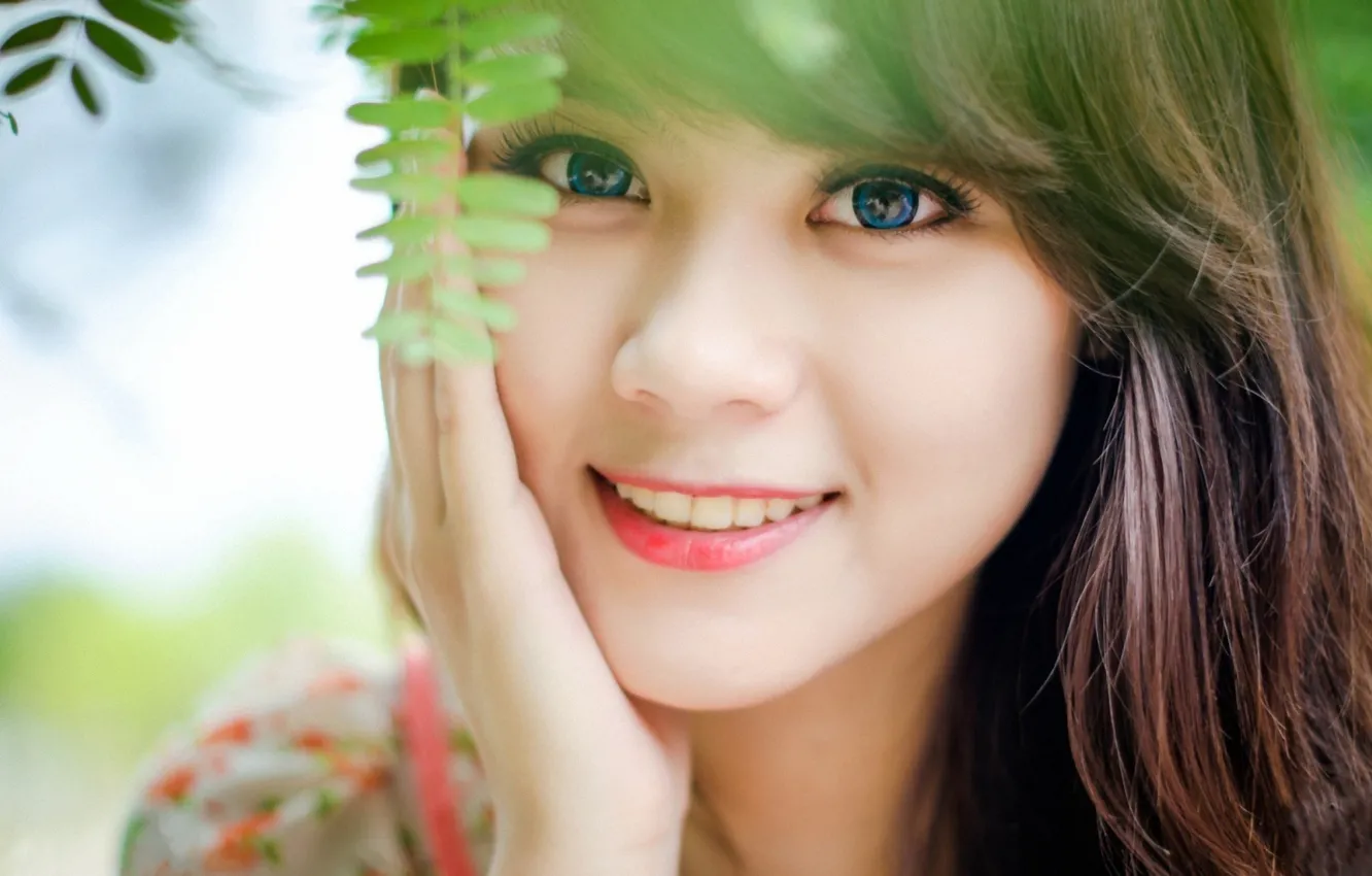 Photo wallpaper eyes, look, girl, face, eyelashes, smile, sweetheart, hair