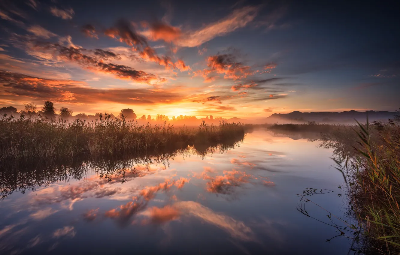 Photo wallpaper autumn, sunset, fog, river