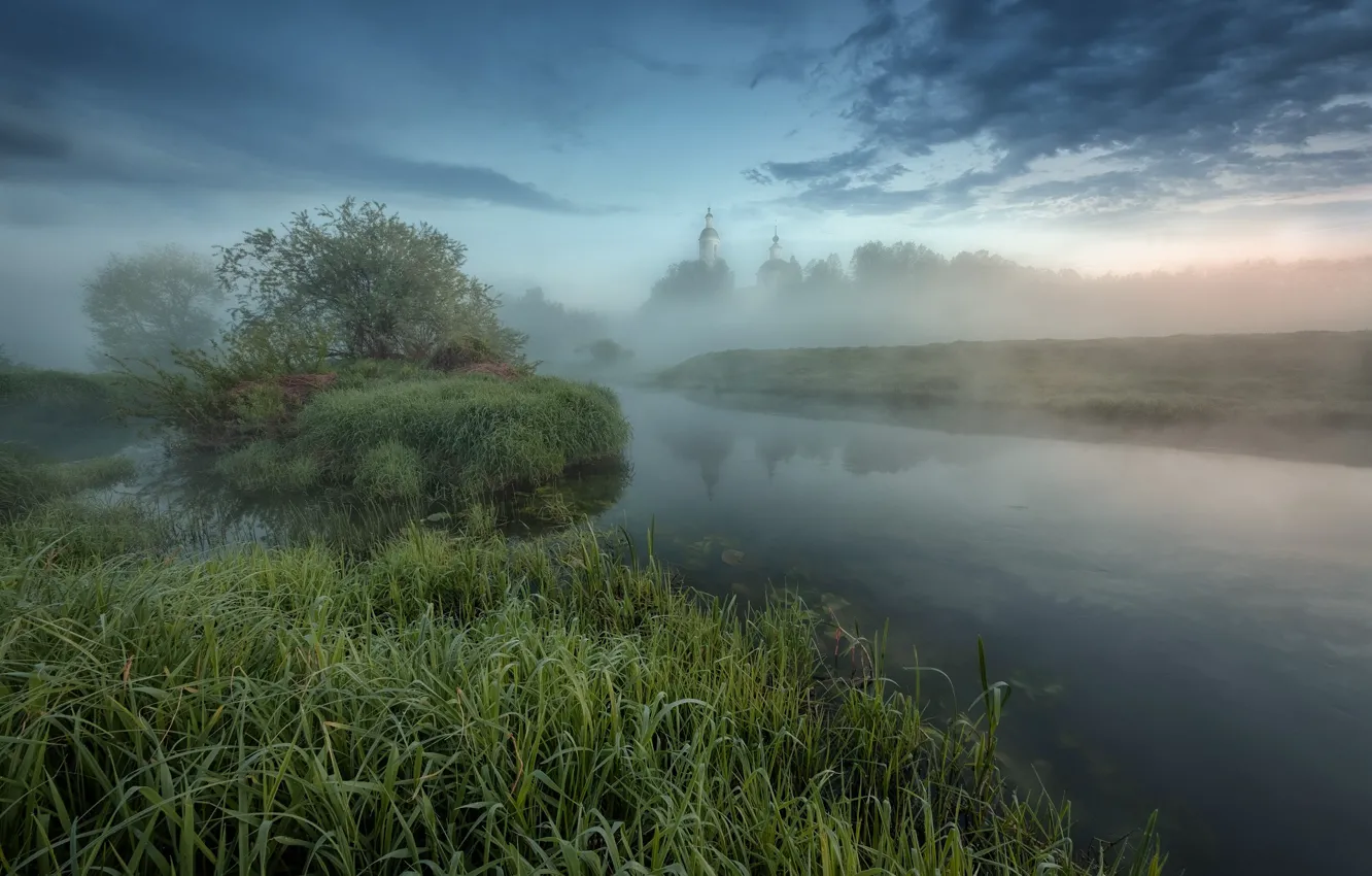 Photo wallpaper grass, landscape, nature, fog, river, shore, morning, Church