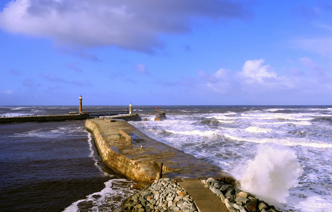 Photo wallpaper sea, wave, lighthouse, England, Whitby