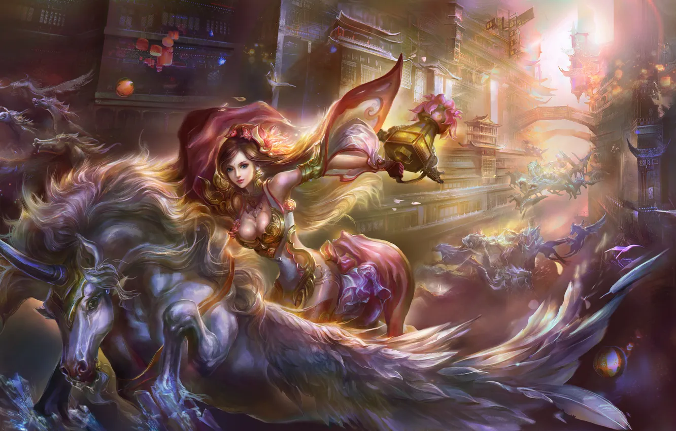 Photo wallpaper girl, the city, horses, wings, fantasy, art, cloak, bridges