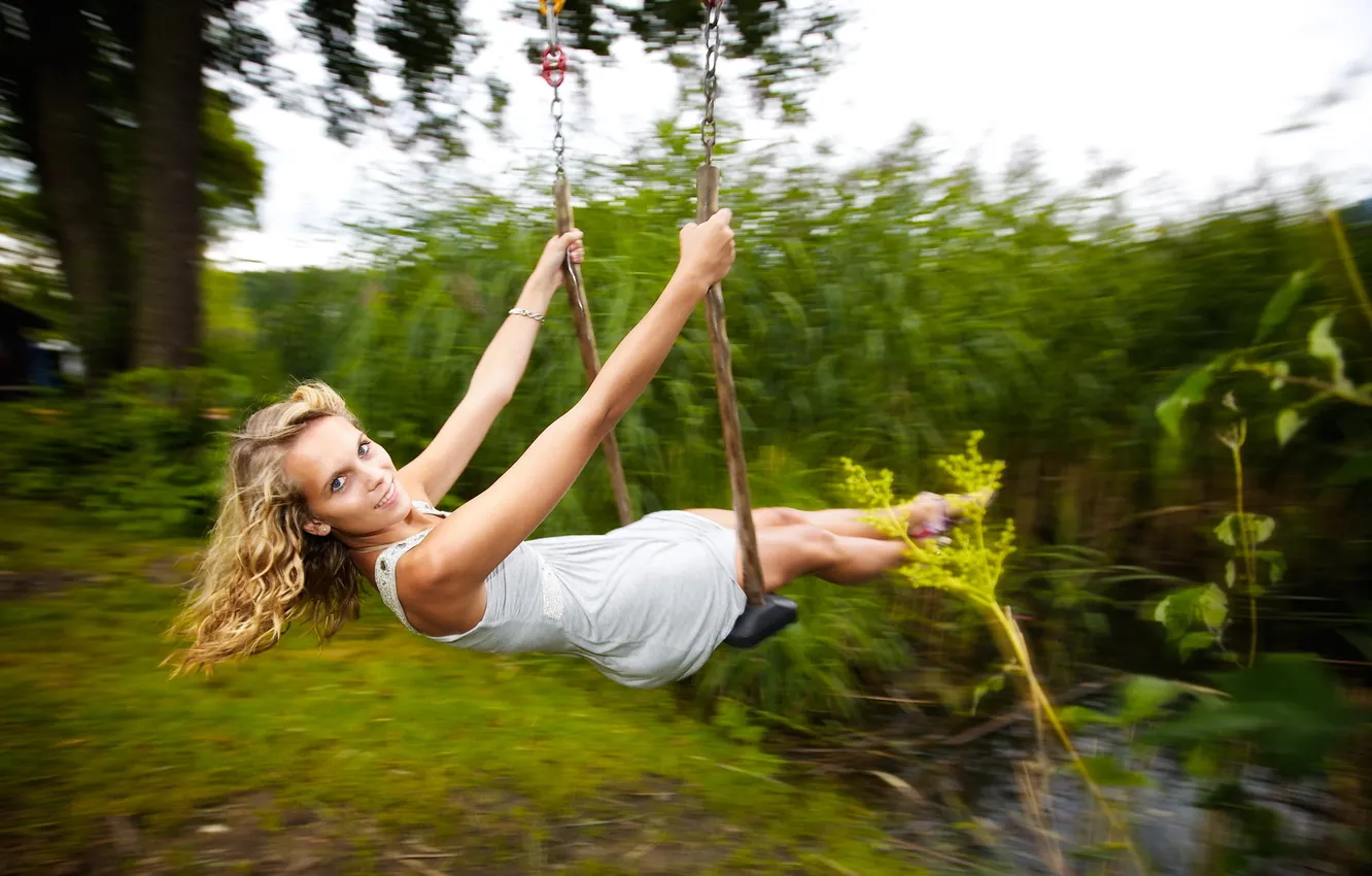 Photo wallpaper look, girl, swing