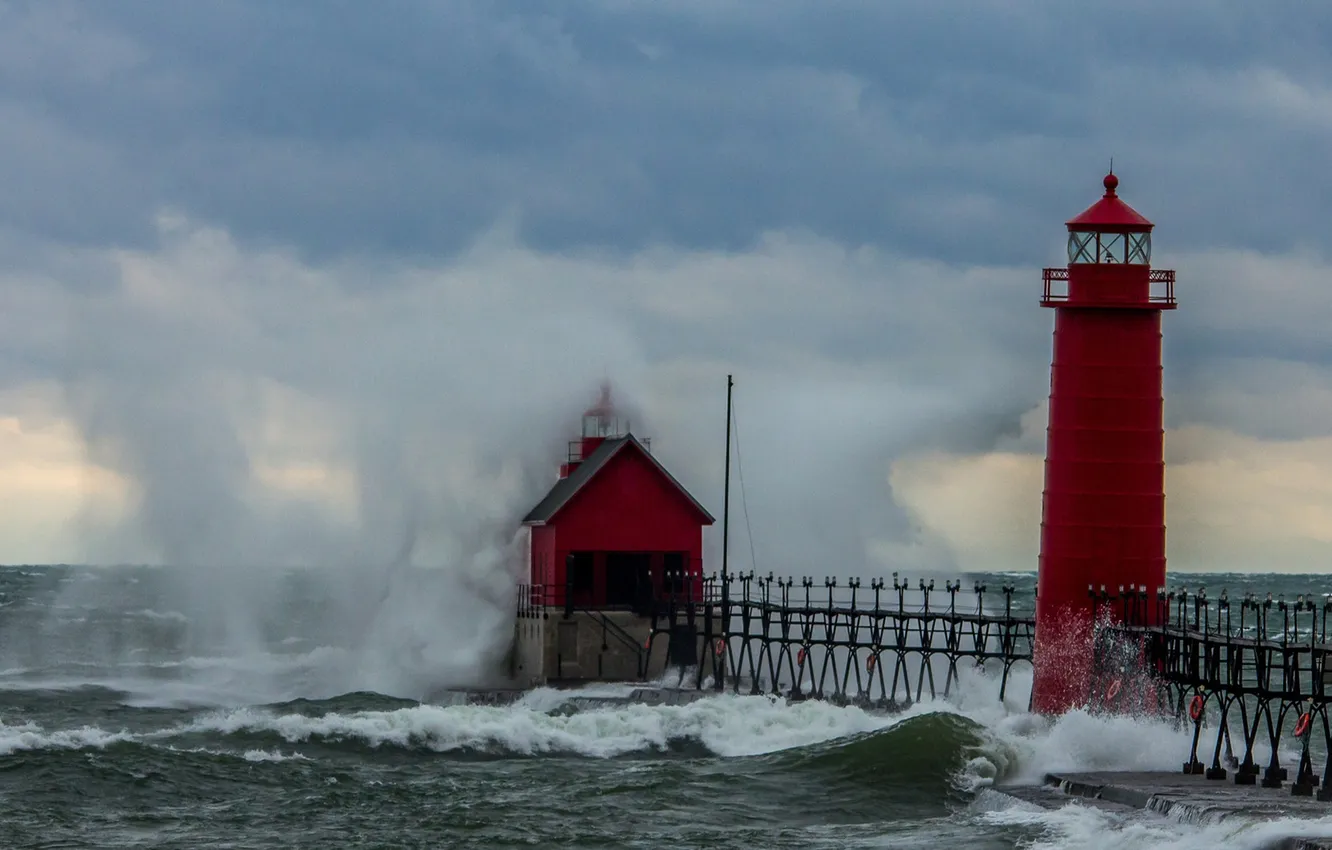 Photo wallpaper wave, the sky, clouds, squirt, storm, lighthouse, the troubled sea