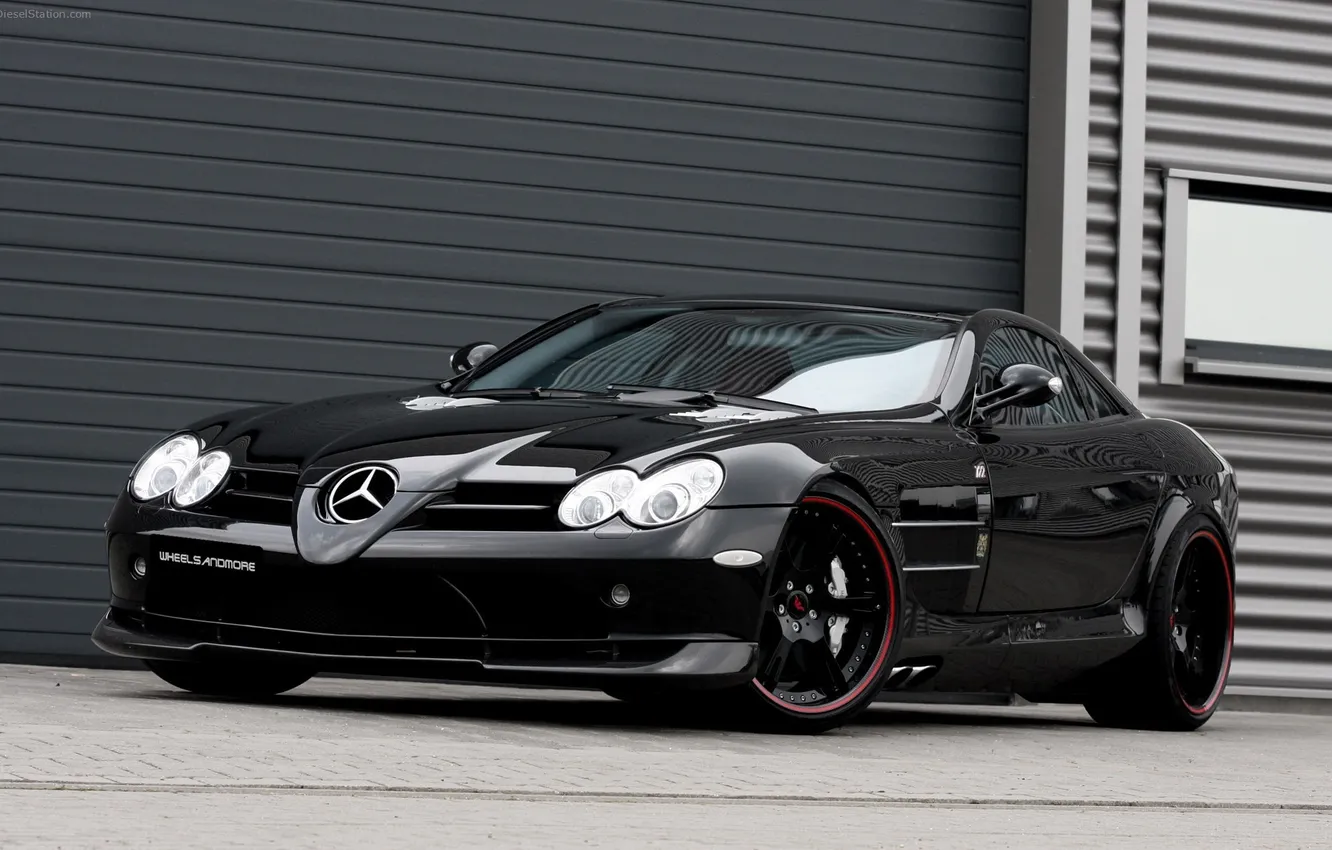 Photo wallpaper reflection, black, black, Mercedes Benz, front view, Mercedes Benz, SLR McLaren 722, SLR McLaren 722