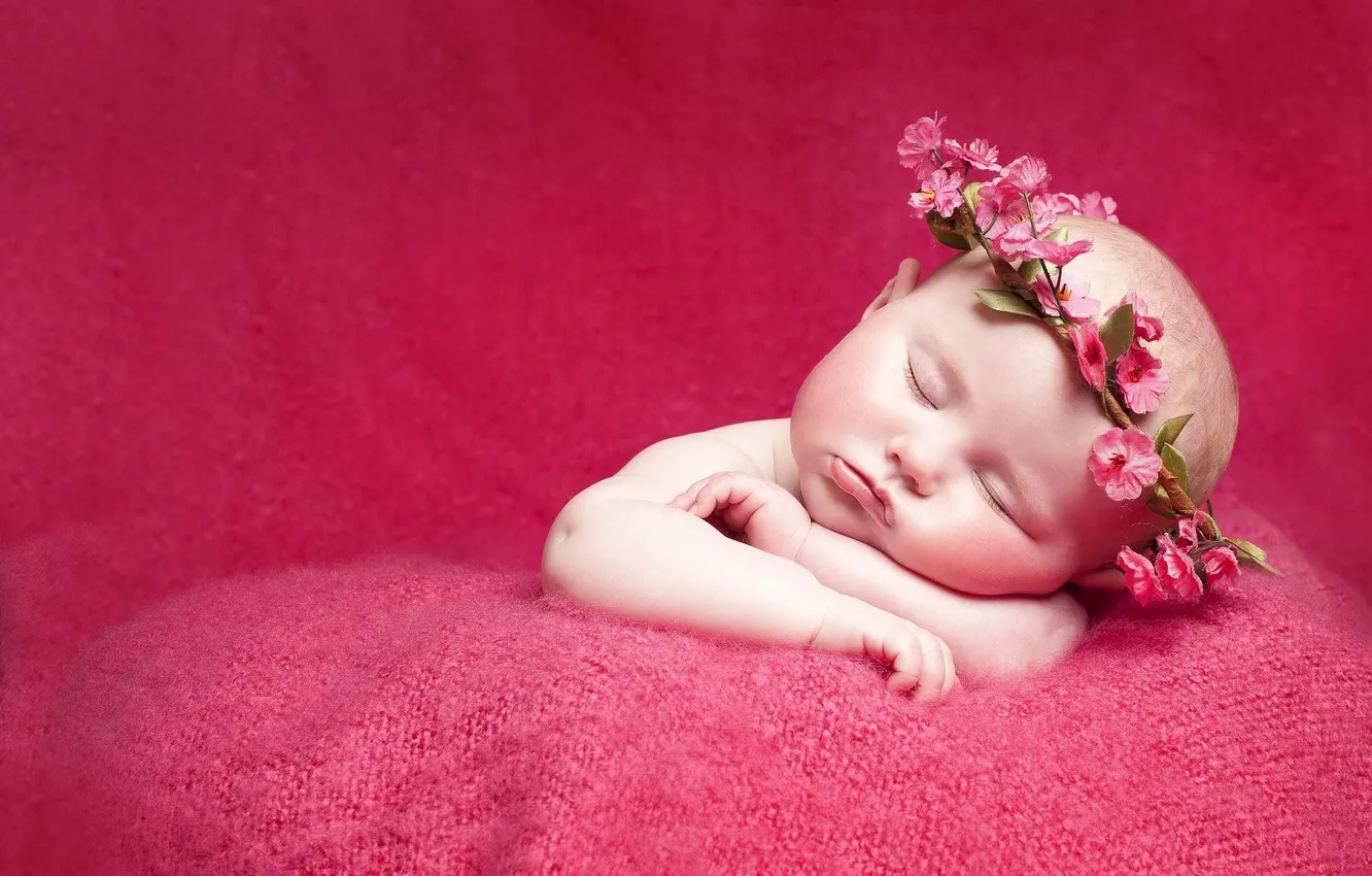 Photo wallpaper flowers, children, mood, sleep, baby, little girl, newborn
