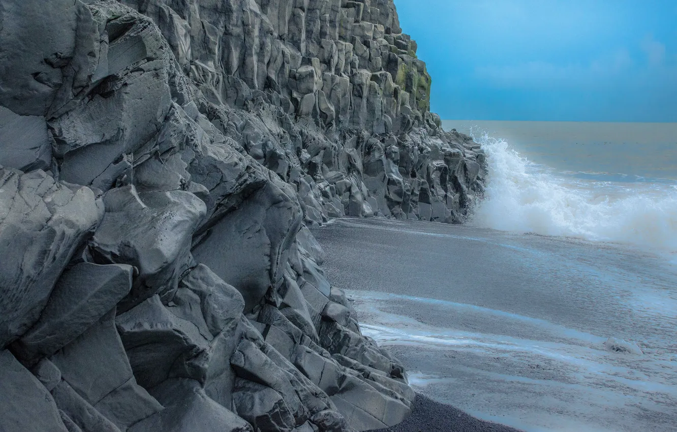 Photo wallpaper sea, wave, the sky, storm, stones, rocks