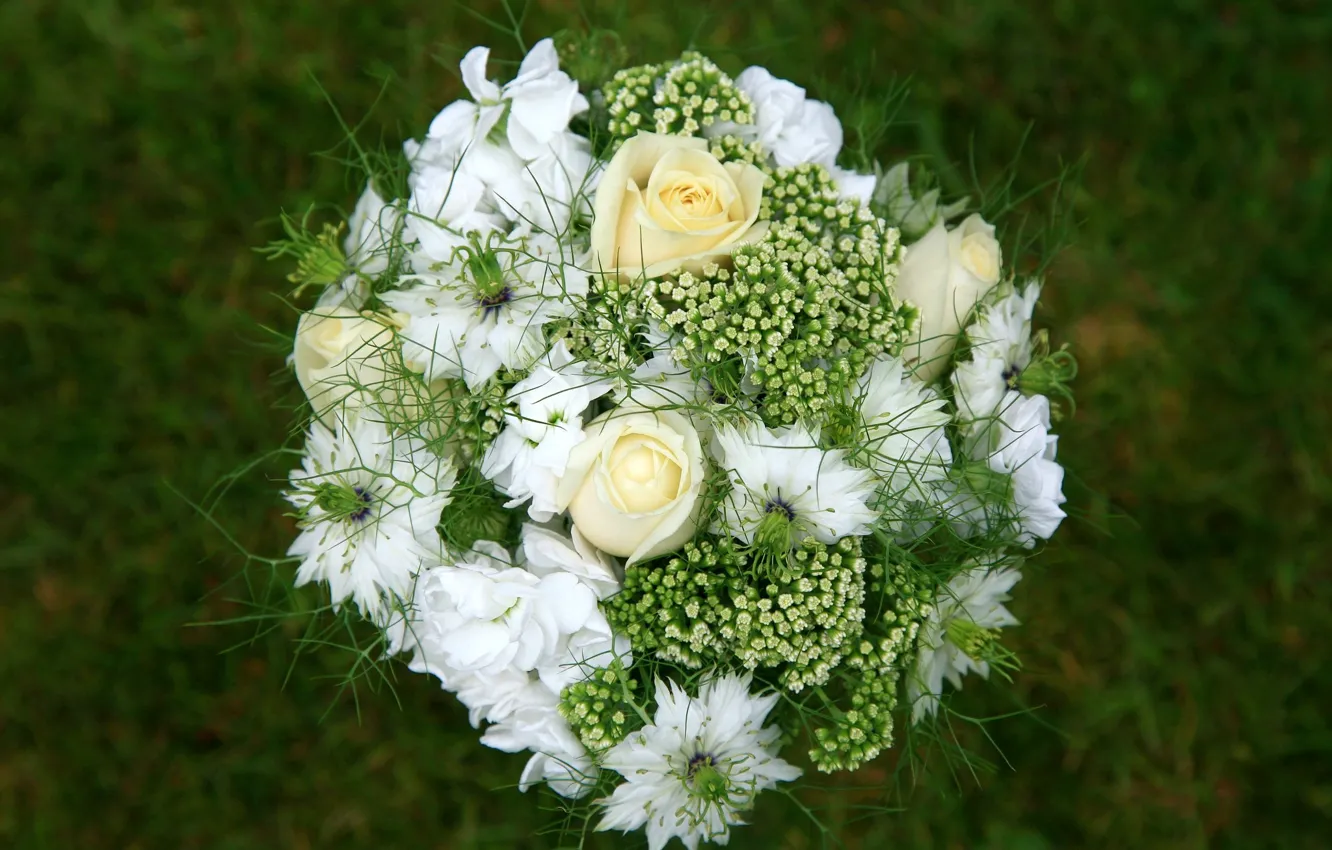 Photo wallpaper GRASS, WHITE, ROSES, BOUQUET, GREEN, COMPOSITION