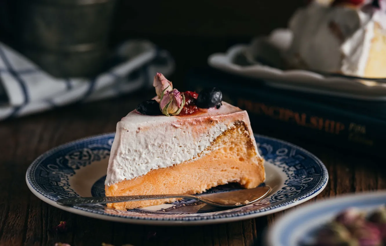 Photo wallpaper cake, cream, dessert, piece of cake, decoration rose