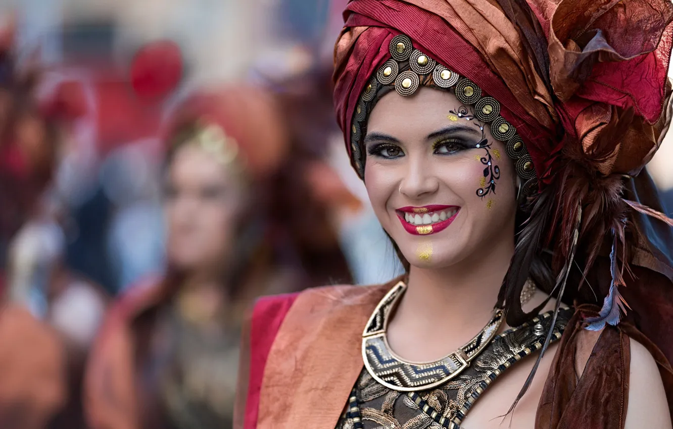 Photo wallpaper girl, smile, style, pattern, portrait, feathers, makeup, costume