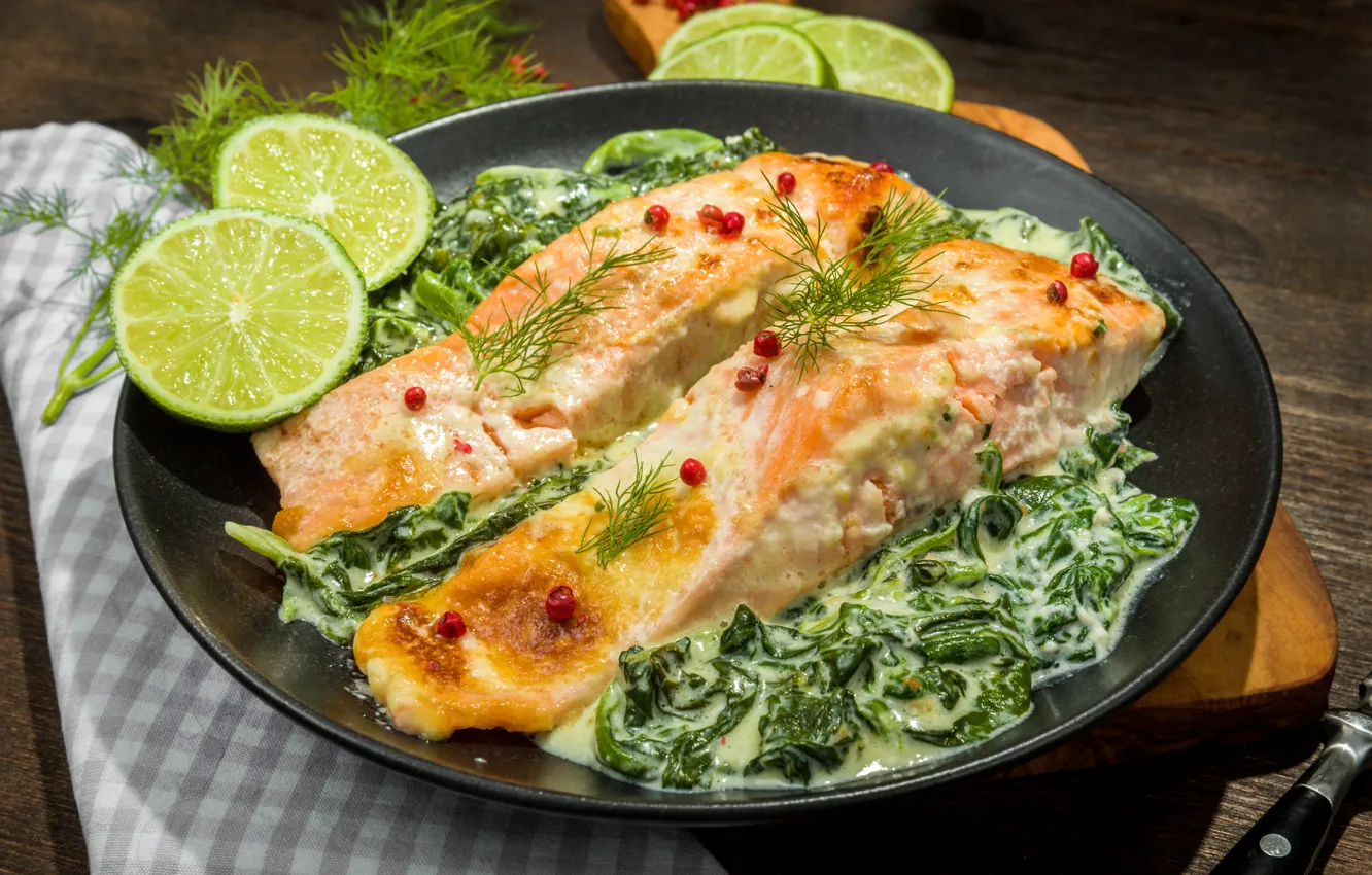 Photo wallpaper fish, lime, lime, fish, baked, seafood