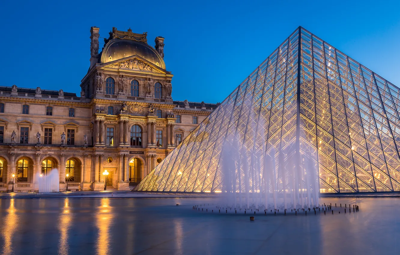 Photo wallpaper night, the city, France, Paris, the building, The Louvre, lighting, area
