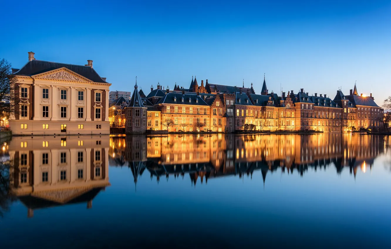 Photo wallpaper water, reflection, channel, Netherlands, Holland, The Hague, The Hague, parliament