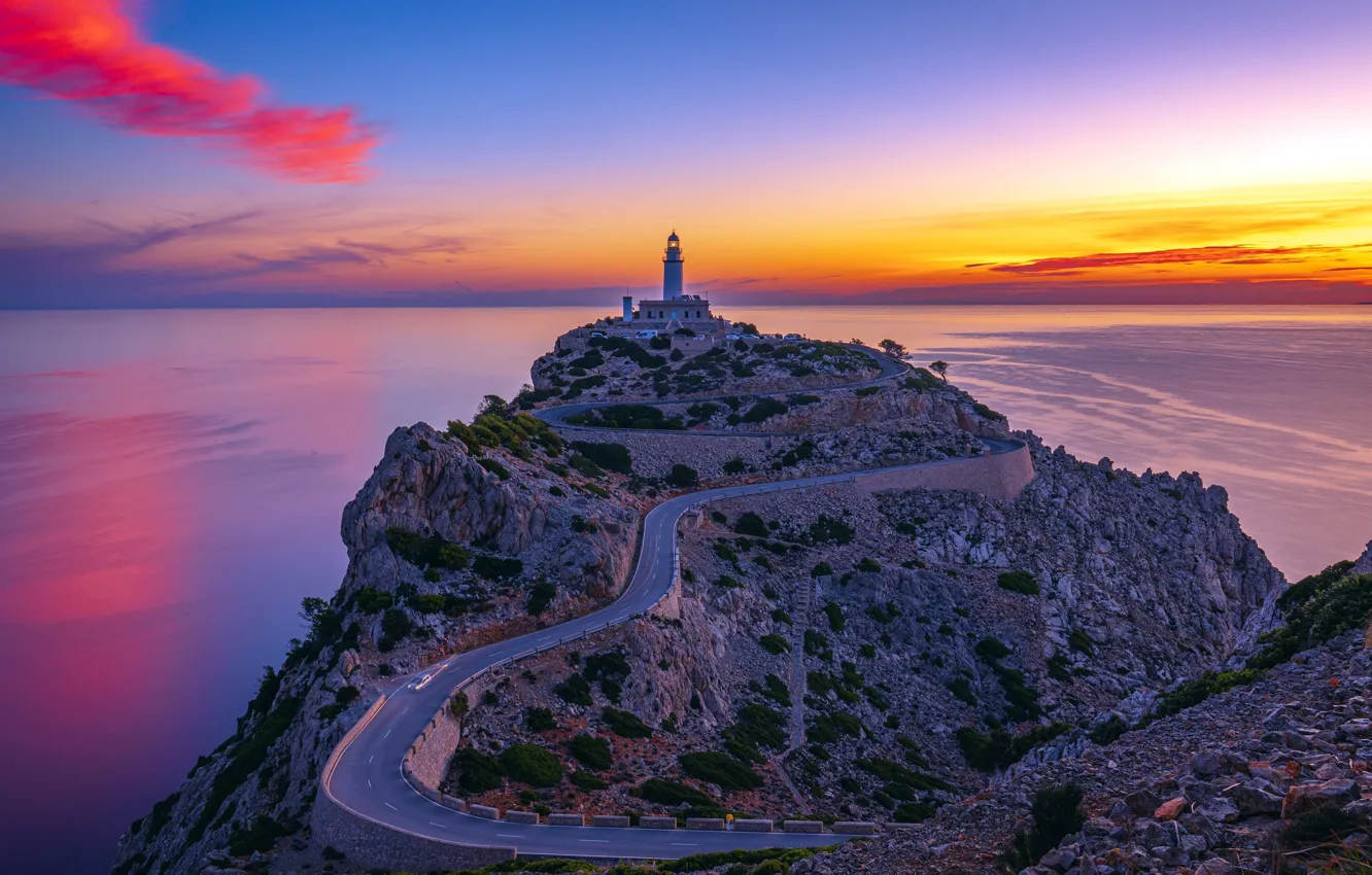 Photo wallpaper road, sea, sunset, lighthouse, beauty, horizon, Spain, sunset
