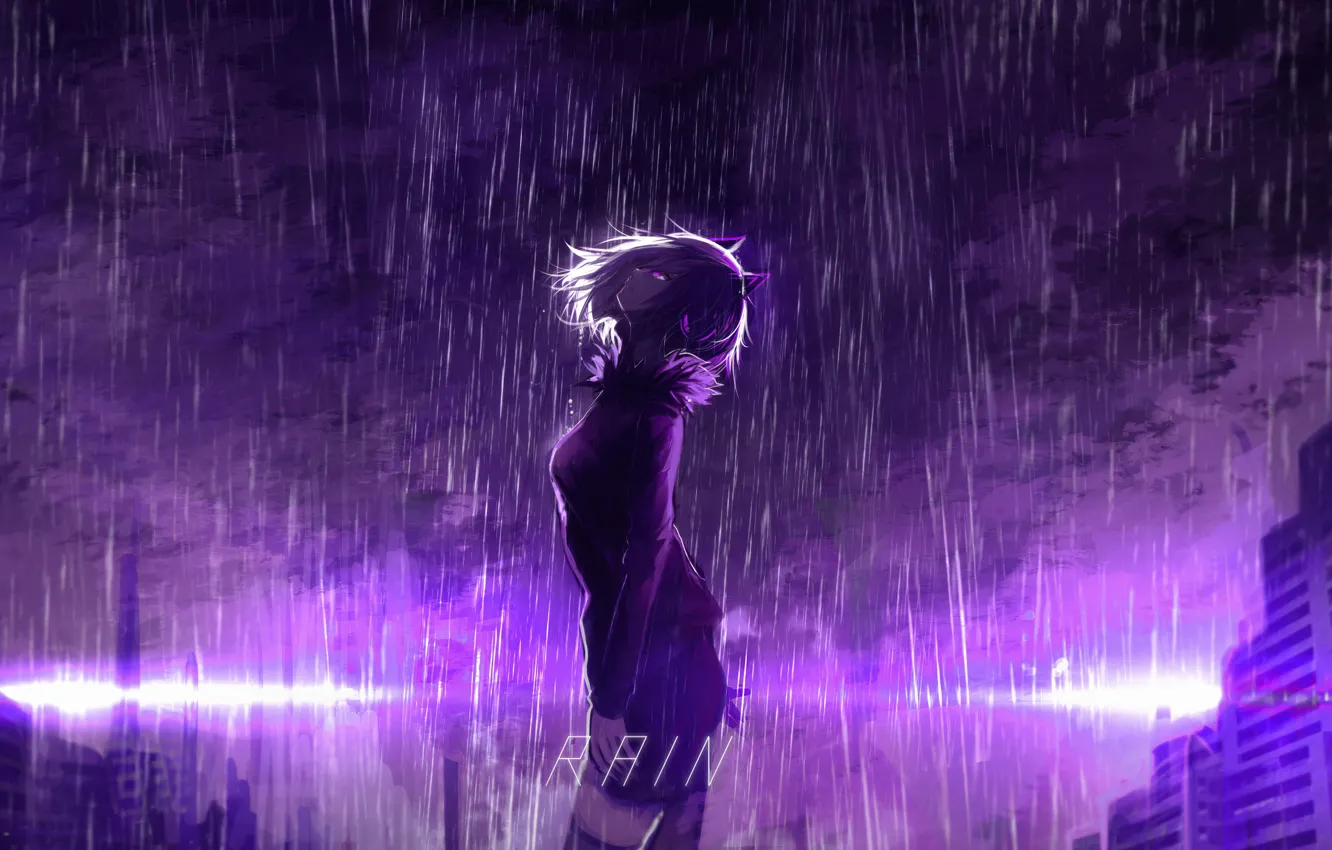 Photo wallpaper girl, light, city, the city, rain, neon, anime, light