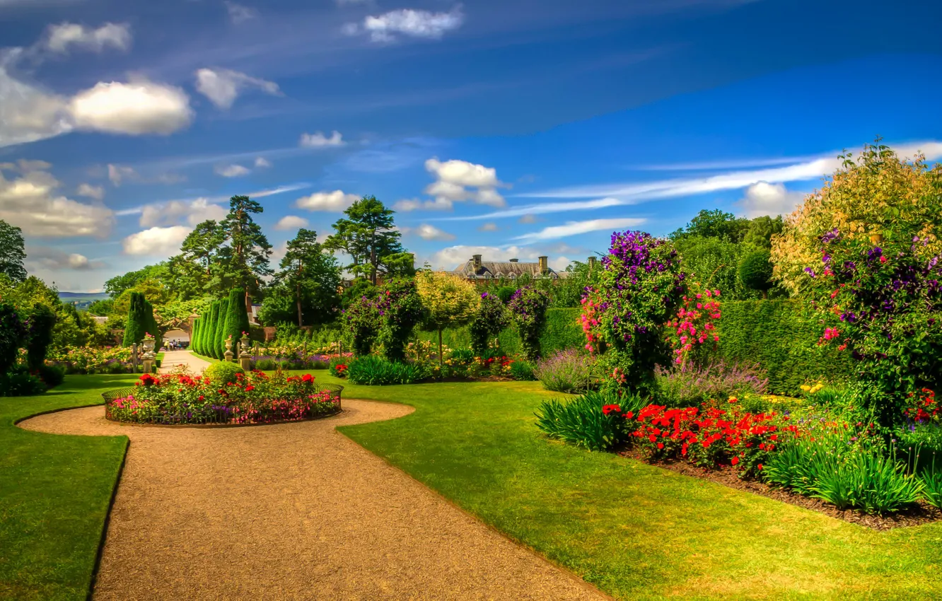 Photo wallpaper the sky, the sun, clouds, trees, flowers, lawn, garden, Scotland