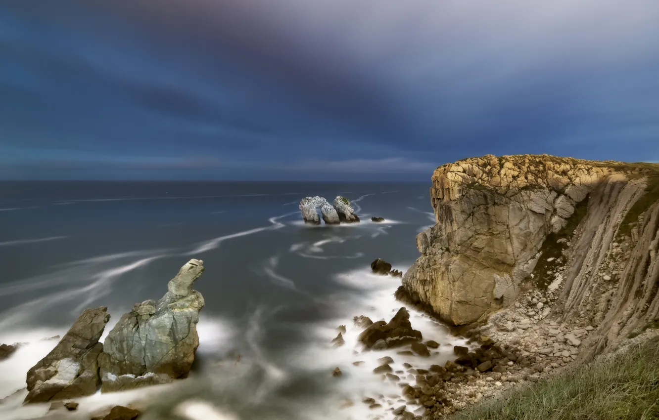 Photo wallpaper landscape, stones, open, the ocean, rocks, horizon
