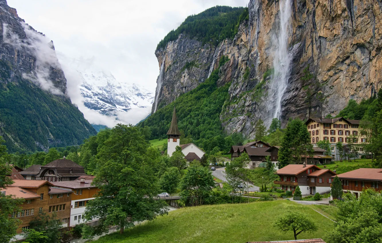 Photo wallpaper road, the sky, mountains, waterfall, home, valley, Switzerland, switzerland