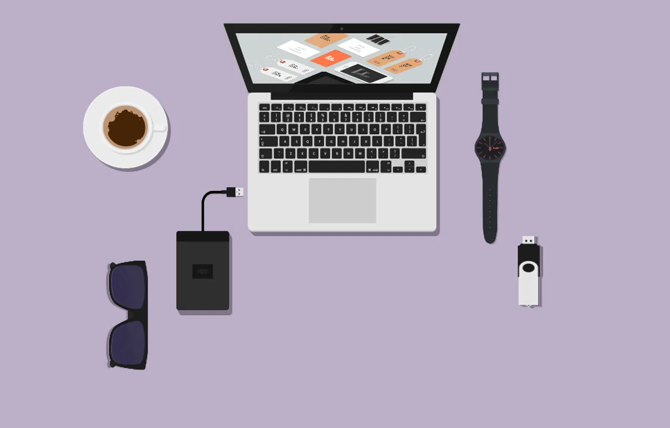 Photo wallpaper table, coffee, comp, glasses, Cup, usb, USB flash drive, watch