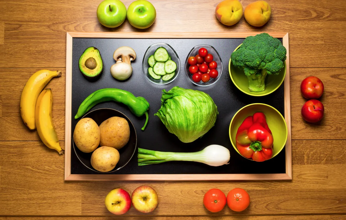 Photo wallpaper peaches, tangerines, orange, mushrooms, tomato, cabbage, peach, vegetables