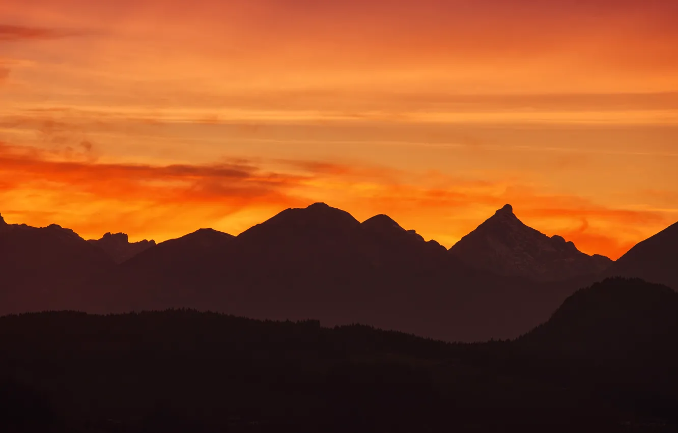 Photo wallpaper Sunset, The sky, Clouds, The evening, Mountains, Sunrise, Mountain, Morning