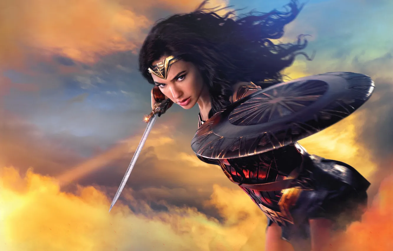 Photo wallpaper girl, Action, hot, fantasy, Wonder Woman, armor, woman, eyes