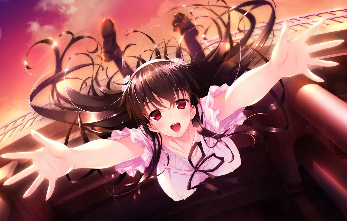 Photo wallpaper the sky, girl, clouds, flight, jump, building, art, shoujo shiniki shoujo tengoku