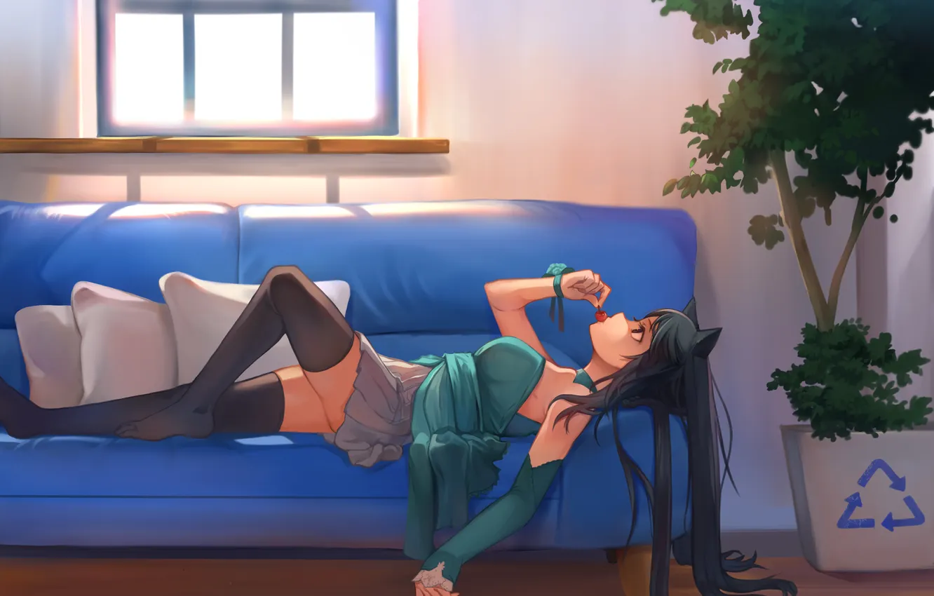 Photo wallpaper girl, sofa, stockings, anime, art, cherry, ears, kamisakai